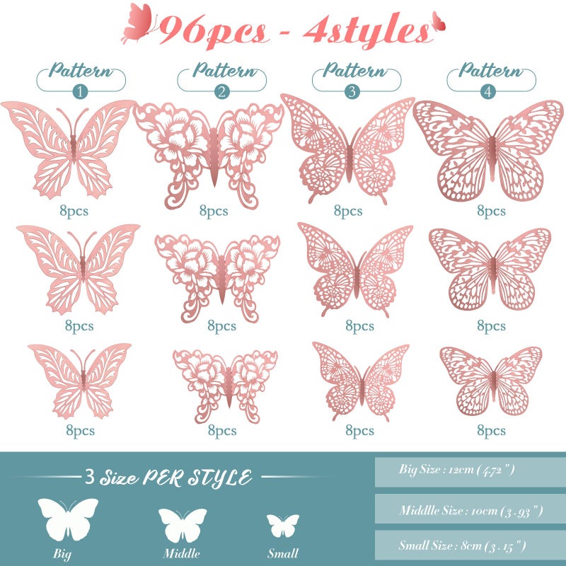 XUNXMAS 3D Gold Butterfly Wall Decor 3 Sizes 4 Styles Butterfly Party Decorations Cake Decorations Removable Stickers Wall Decor Room Mural Metallic Kids (Pink, 96Pcs) - Image 2